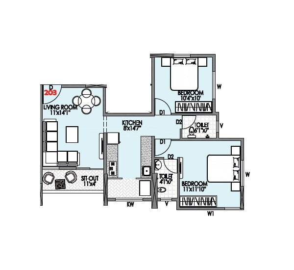 Floor plan of 2 BHK 677 Sq. Ft. Apartment in Badhekar Neeraj Nirmiti, Pune