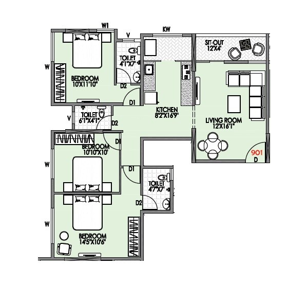 Floor plan of 3 BHK 1037 Sq. Ft. Apartment in Badhekar Neeraj Nirmiti, Pune