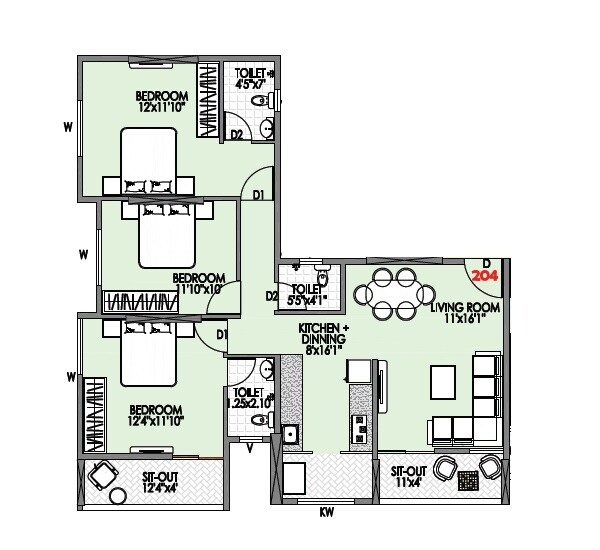 Floor plan of 3 BHK 950 Sq. Ft. Apartment in Badhekar Neeraj Nirmiti, Pune