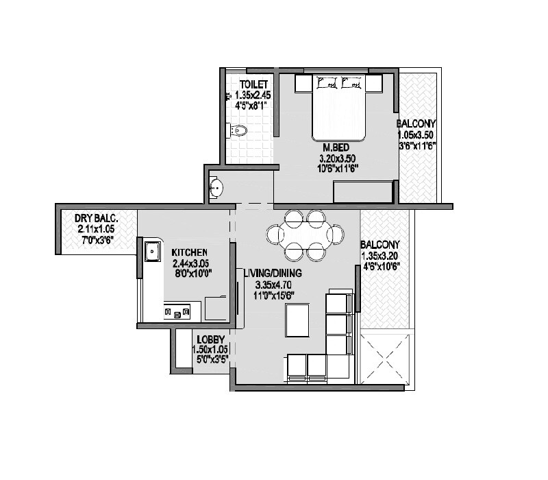 Floor plan of 1 BHK 590 Sq. Ft. Apartment in Badhekar Nirmitee Heights, Pune