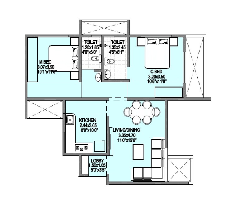 Floor plan of 2 BHK 636 Sq. Ft. Apartment in Badhekar Nirmitee Heights, Pune