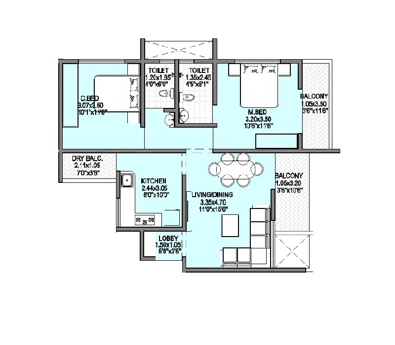 Floor plan of 2 BHK 765 Sq. Ft. Apartment in Badhekar Nirmitee Heights, Pune