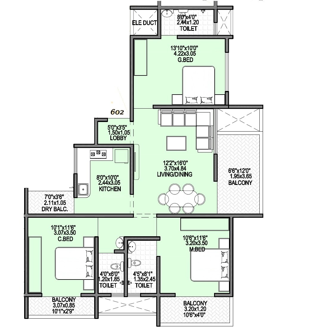 Floor plan of 3 BHK Apartment - 1034 sq. ft. in Badhekar Nirmitee Heights, Pune