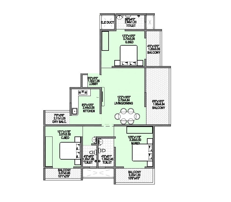 Floor plan of 3 BHK 1069 Sq. Ft. Apartment in Badhekar Nirmitee Heights, Pune