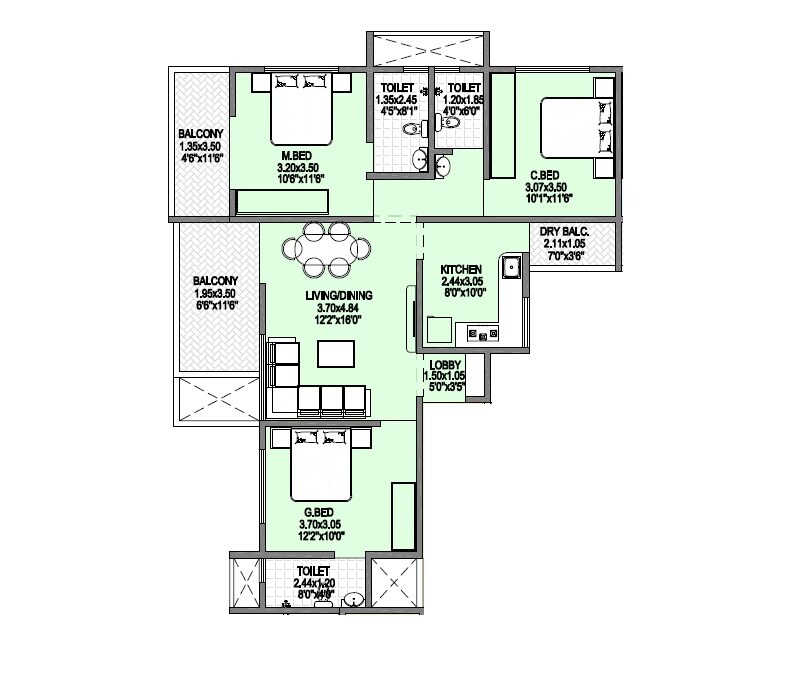 Floor plan of 3 BHK 994 Sq. Ft. Apartment in Badhekar Nirmitee Heights, Pune