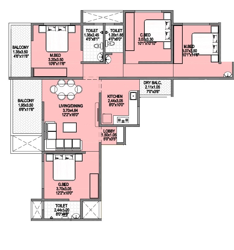 Floor plan of 4 BHK Apartment - 1189 sq. ft. in Badhekar Nirmitee Heights, Pune