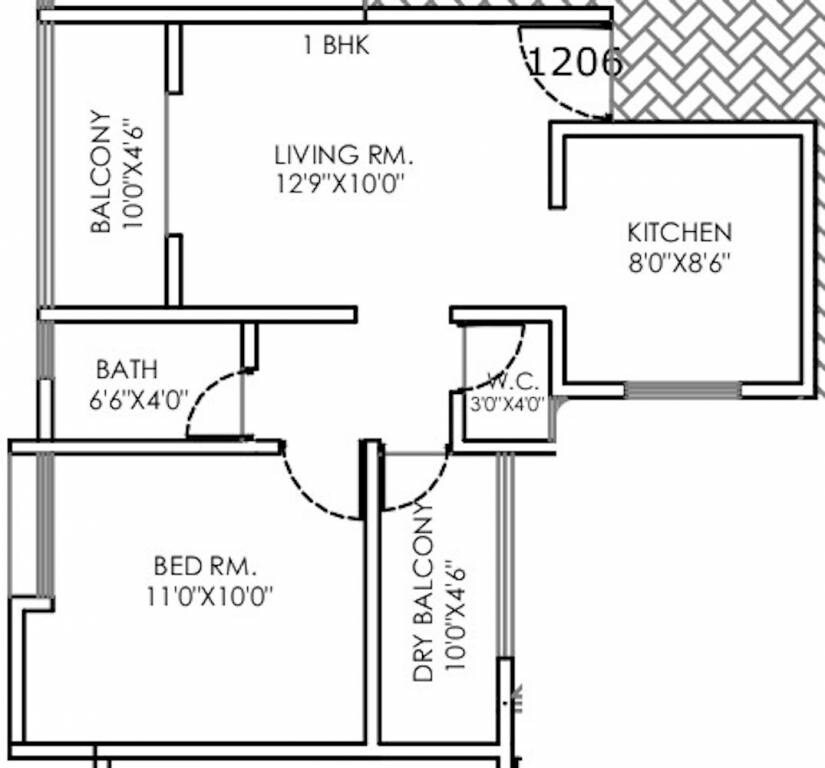 Floor plan of 1 BHK 596 Sq. Ft. Apartment in Badhekar Pushkar, Pune