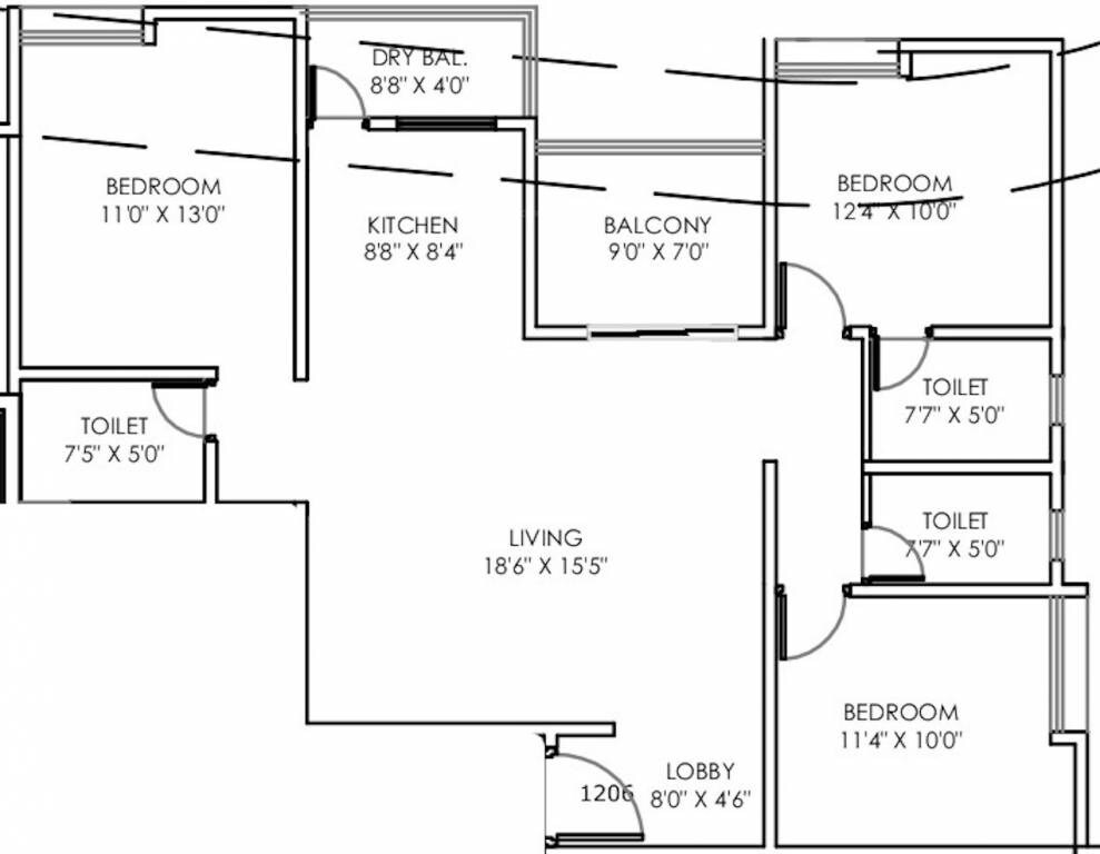 Floor plan of 3 BHK 1249 Sq. Ft. Apartment in Badhekar Pushkar, Pune