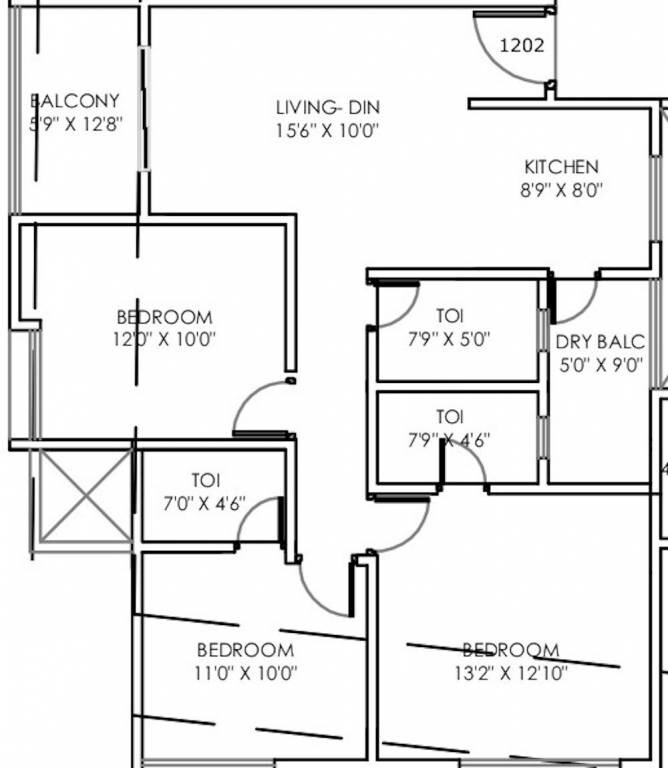 Floor plan of 3 BHK 1055 Sq. Ft. Apartment in Badhekar Pushkar, Pune
