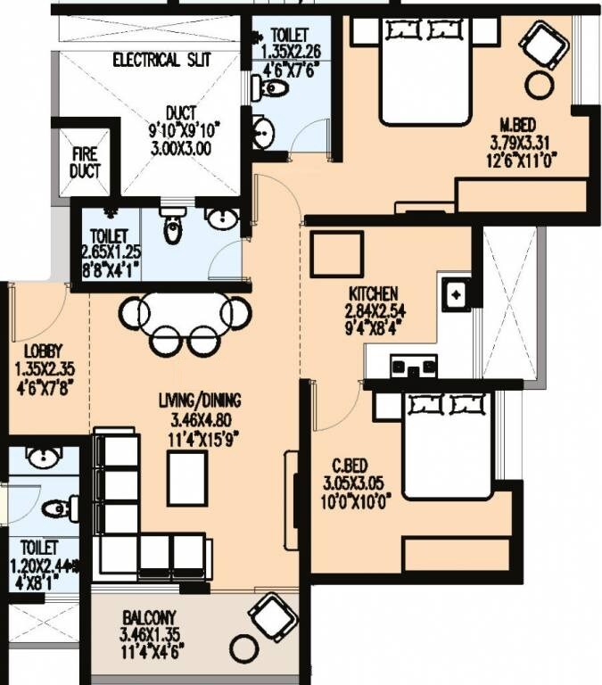 Floor plan of 2 BHK Apartment - 687 sq. ft. in Badhekar Ramkrupa, Pune