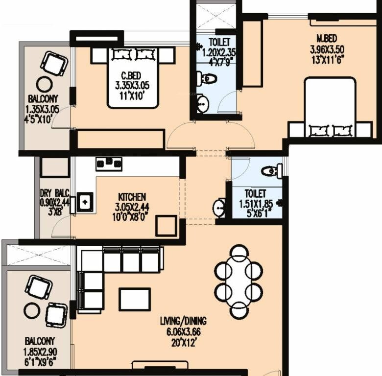 Floor plan of 2 BHK Apartment - 853 sq. ft. in Badhekar Ramkrupa, Pune
