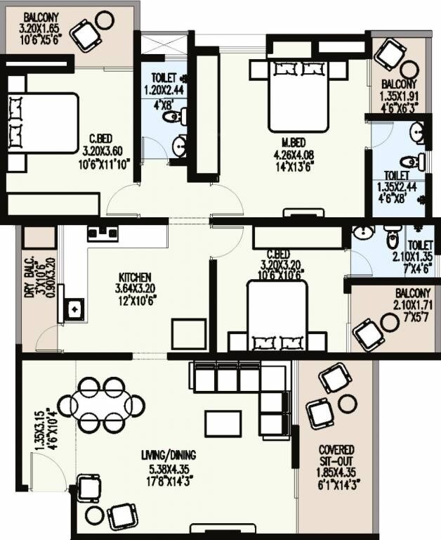 Floor plan of 3 BHK Apartment - 1251 sq. ft. in Badhekar Ramkrupa, Pune
