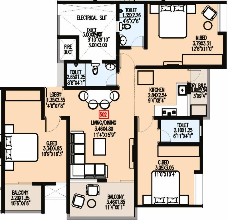 Floor plan of 3 BHK Apartment - 993 sq. ft. in Badhekar Ramkrupa, Pune