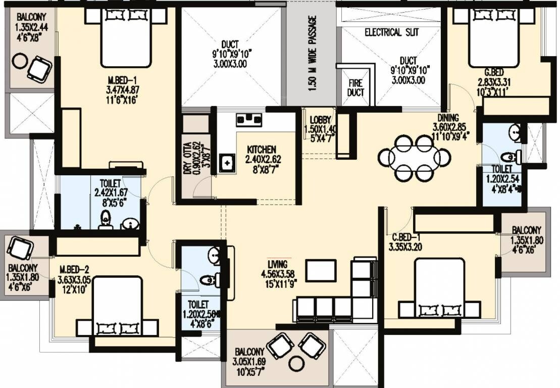 Floor plan of 4 BHK Apartment - 1311 sq. ft. in Badhekar Ramkrupa, Pune