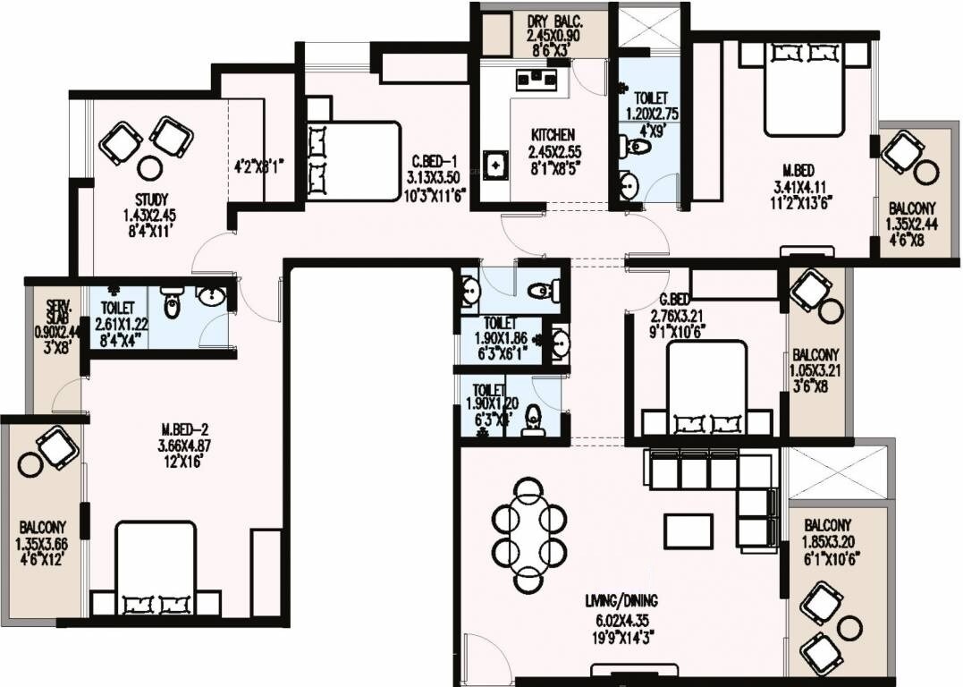 Floor plan of 4 BHK Apartment - 1597 sq. ft. in Badhekar Ramkrupa, Pune