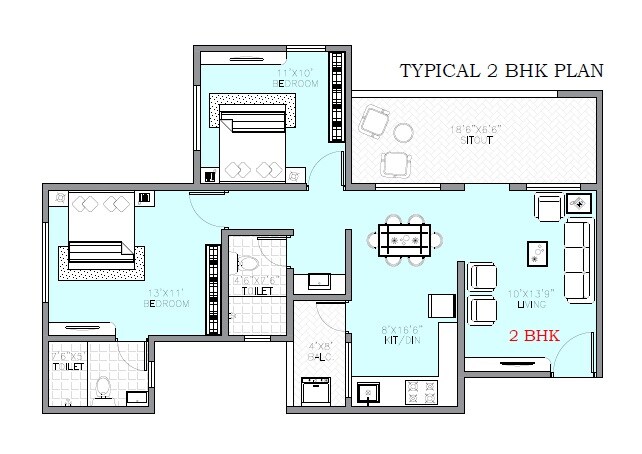 Floor plan of 2 BHK 843 Sq. Ft. Apartment in Badhekar Rising Hills, Pune