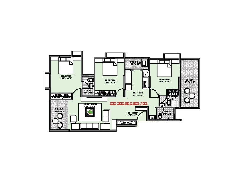 Floor plan of 3 BHK 989 Sq. Ft. Apartment in Badhekar Sanjeevan, Pune