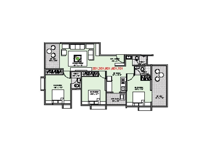 Floor plan of 3 BHK 996 Sq. Ft. Apartment in Badhekar Sanjeevan, Pune