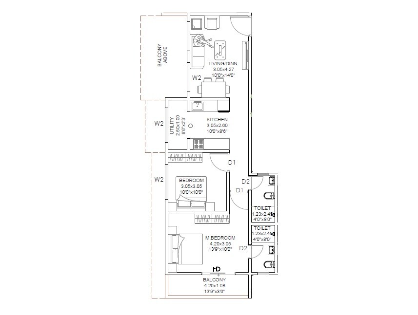 Floor plan of 2 BHK 684 Sq. Ft. Apartment in Badhekar Shyamalprabha, Pune