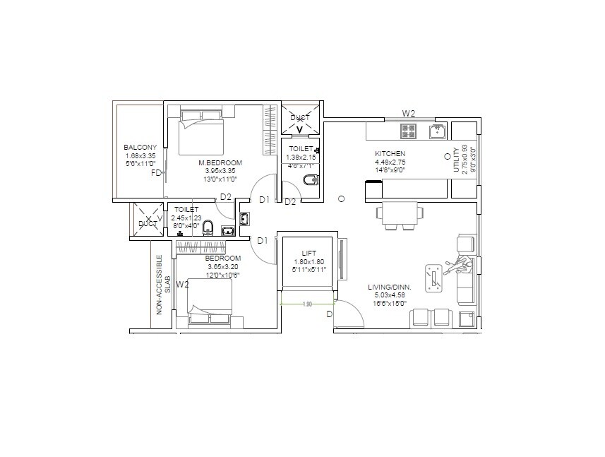 Floor plan of 2 BHK 870 Sq. Ft. Apartment in Badhekar Shyamalprabha, Pune
