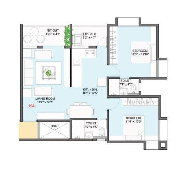 Floor plan of 2 BHK 701 Sq. Ft. Apartment in Badhekar Sneh, Pune
