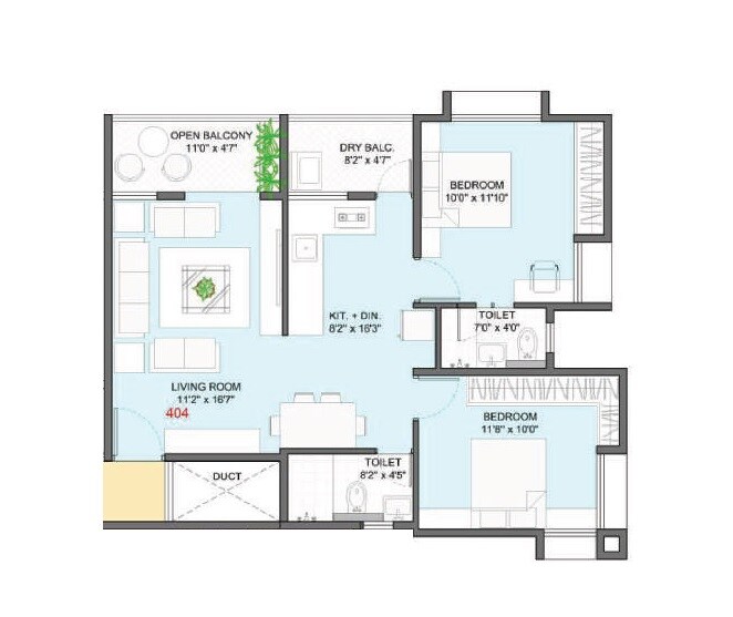 Floor plan of 2 BHK 770 Sq. Ft. Apartment in Badhekar Sneh, Pune