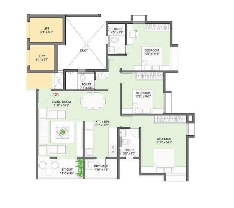 Floor plan of 3 BHK 1102 Sq. Ft. Apartment in Badhekar Sneh, Pune