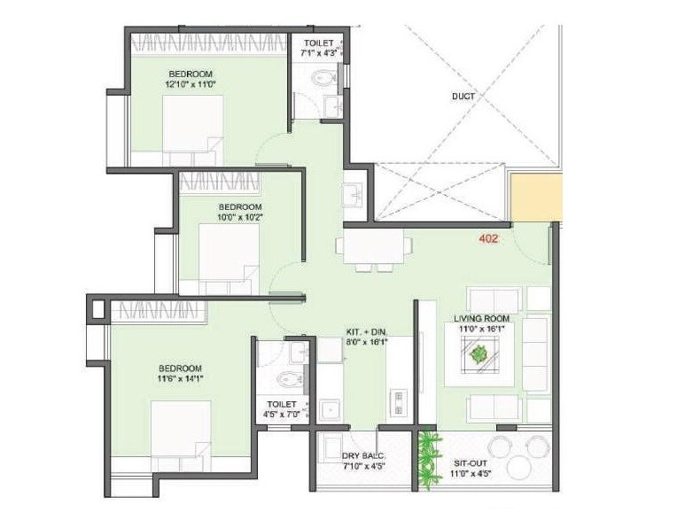 Floor plan of 3 BHK 841 Sq. Ft. Apartment in Badhekar Sneh, Pune