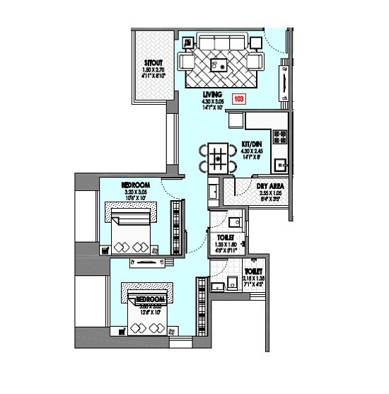Floor plan of 2 BHK 554 Sq. Ft. Apartment in Badhekar Suparn, Pune