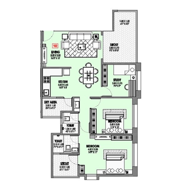 Floor plan of 2 BHK 776 Sq. Ft. Apartment in Badhekar Suparn, Pune