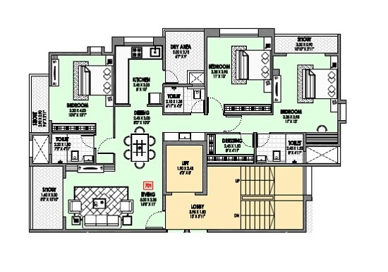 Floor plan of 3 BHK 827 Sq. Ft. Apartment in Badhekar Suparn, Pune