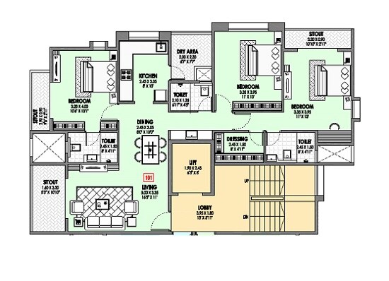 Floor plan of 3 BHK 832 Sq. Ft. Apartment in Badhekar Suparn, Pune