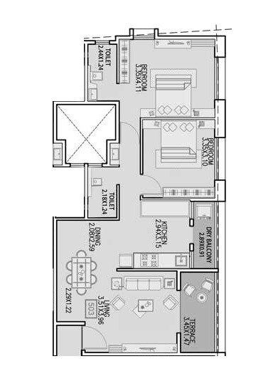 Floor plan of 2 BHK 708 Sq. Ft. Apartment in Badhekar Swami Samarth, Pune