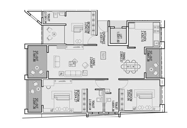Floor plan of 3 BHK 960 Sq. Ft. Apartment in Badhekar Swami Samarth, Pune