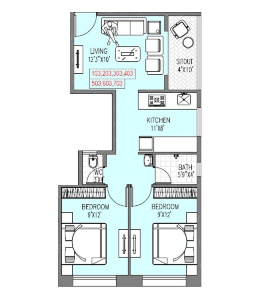 Floor plan of 2 BHK 554 Sq. Ft. Apartment in Badhekar Vaibhavshree And Indira Priyadarshani, Pune