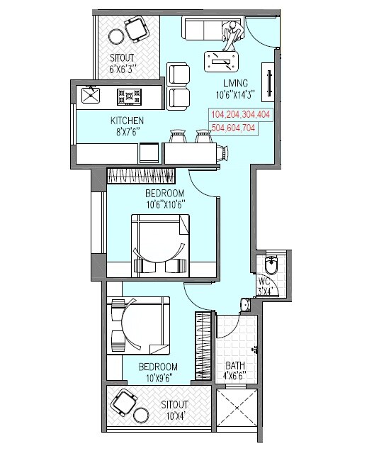 Floor plan of 2 BHK 609 Sq. Ft. Apartment in Badhekar Vaibhavshree And Indira Priyadarshani, Pune