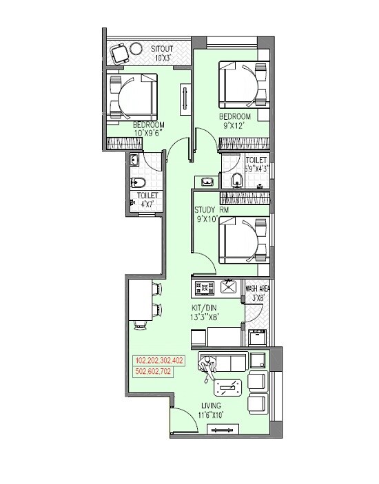 Floor plan of 3 BHK 743 Sq. Ft. Apartment in Badhekar Vaibhavshree And Indira Priyadarshani, Pune