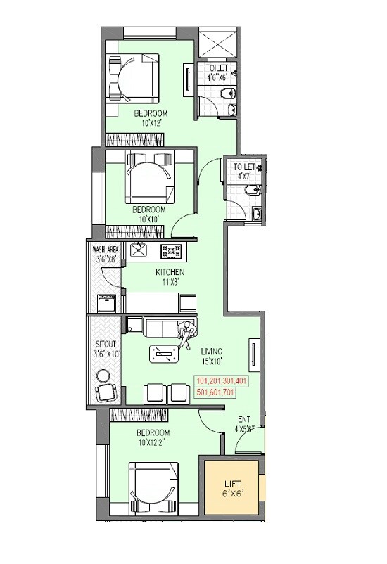 Floor plan of 3 BHK 819 Sq. Ft. Apartment in Badhekar Vaibhavshree And Indira Priyadarshani, Pune