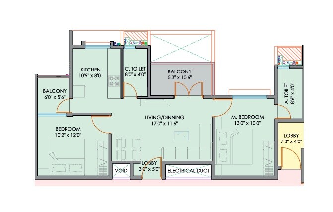 Floor plan of 2 BHK 698 Sq. Ft. Apartment in Balaji BG Aspiro, Pune
