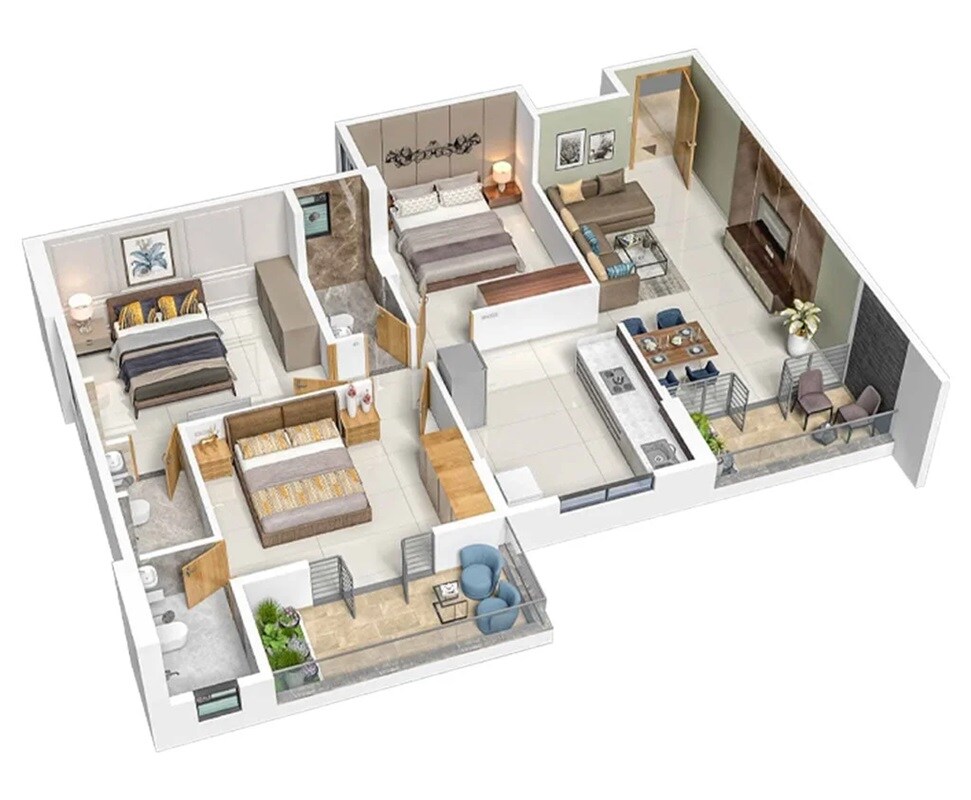Floor plan of 3 BHK 1003 Sq. Ft. Apartment in Balaji BG Aspiro, Pune