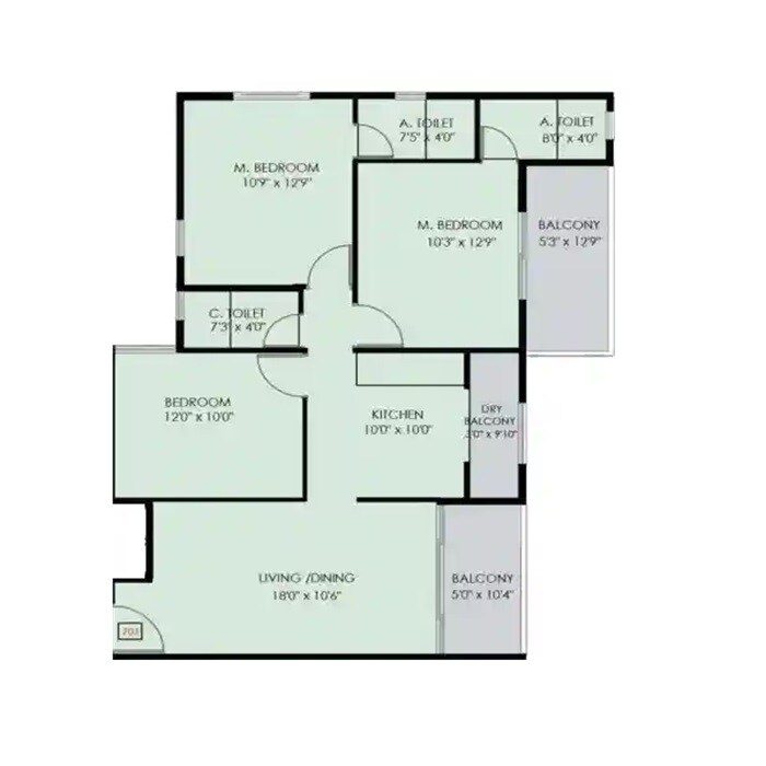 Floor plan of 3 BHK 1088 Sq. Ft. Apartment in Balaji BG Aspiro, Pune