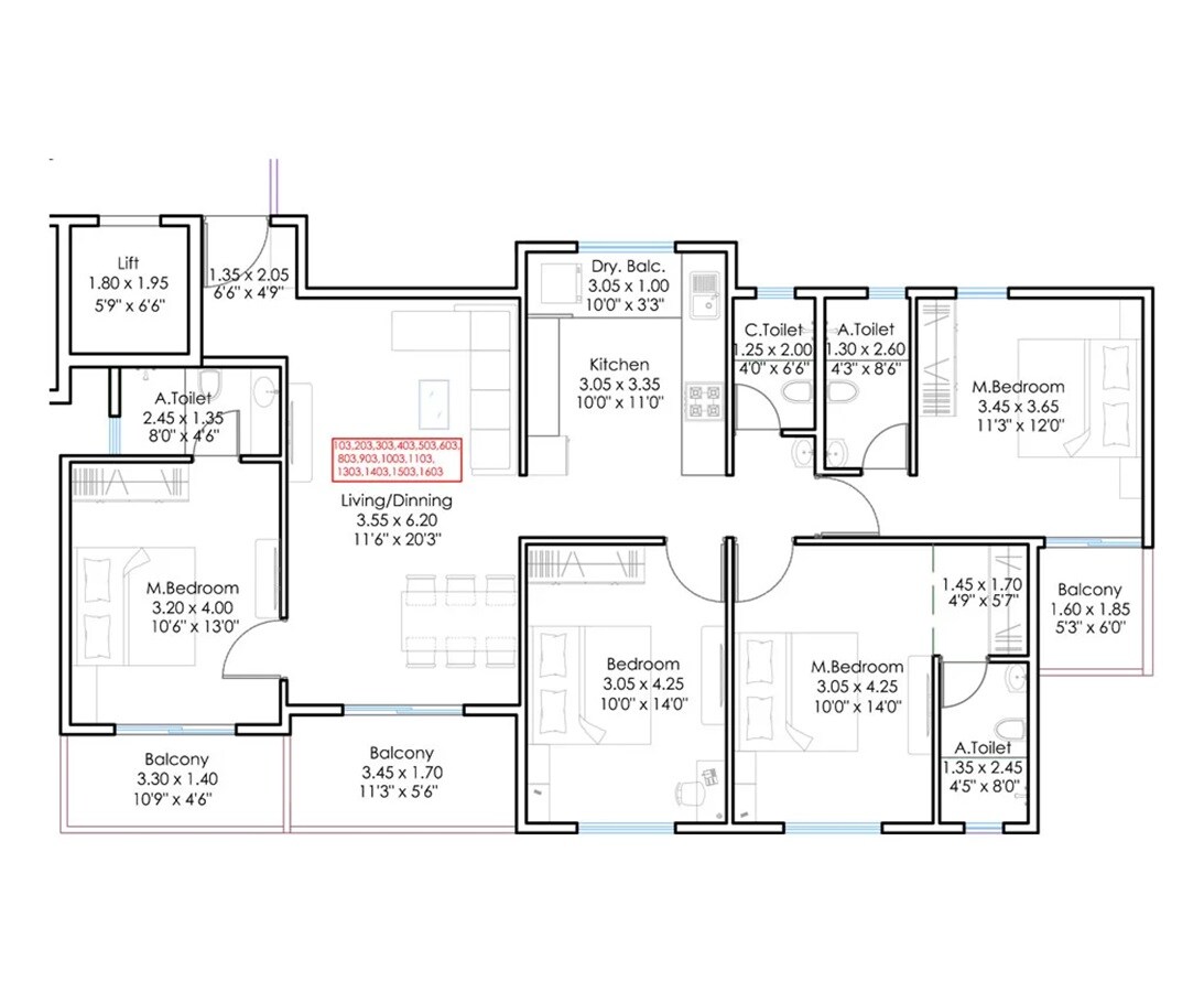 Floor plan of 4 BHK 1345 Sq. Ft. Apartment in Balaji BG Aspiro, Pune