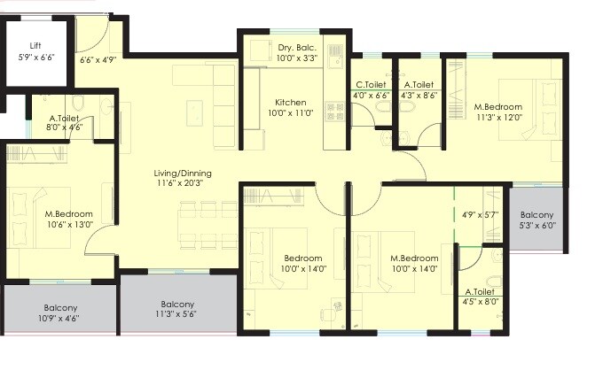 Floor plan of 4 BHK 1362 Sq. Ft. Apartment in Balaji BG Aspiro, Pune