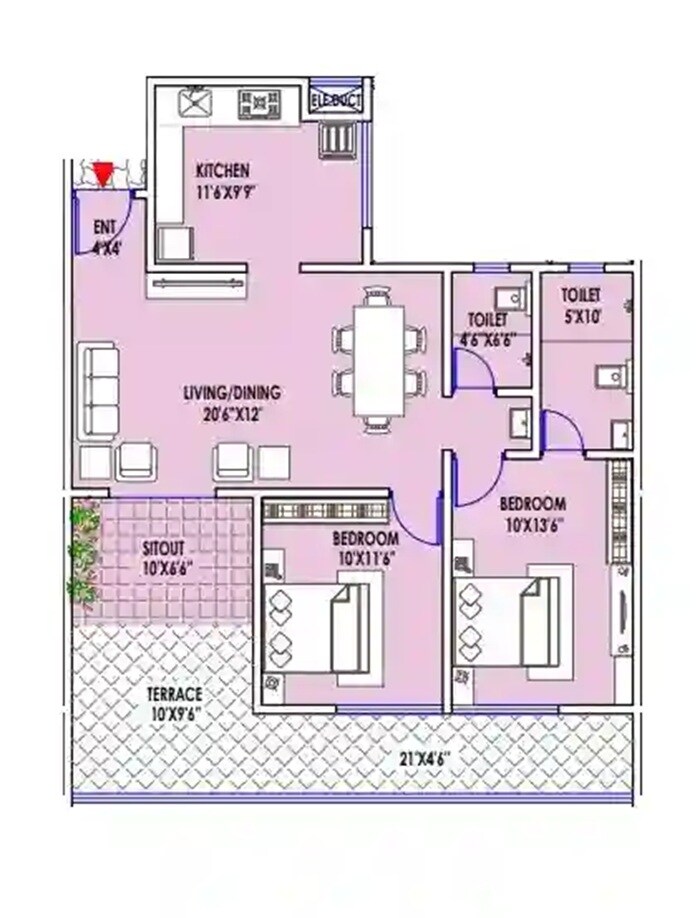Floor plan of 2 BHK 1007 Sq. Ft. Apartment in Balaji Hastipuram, Pune