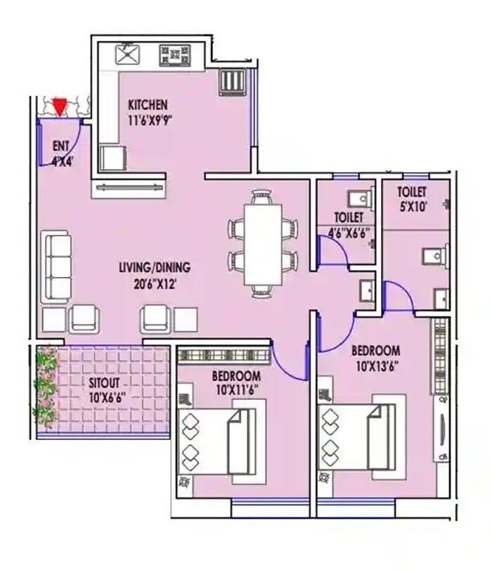 Floor plan of 2 BHK 820 Sq. Ft. Apartment in Balaji Hastipuram, Pune