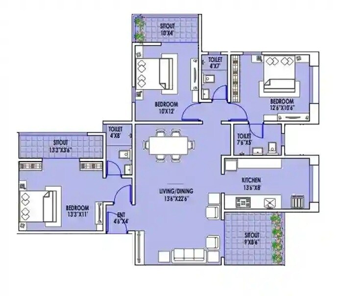 Floor plan of 3 BHK 1199 Sq. Ft. Apartment in Balaji Hastipuram, Pune
