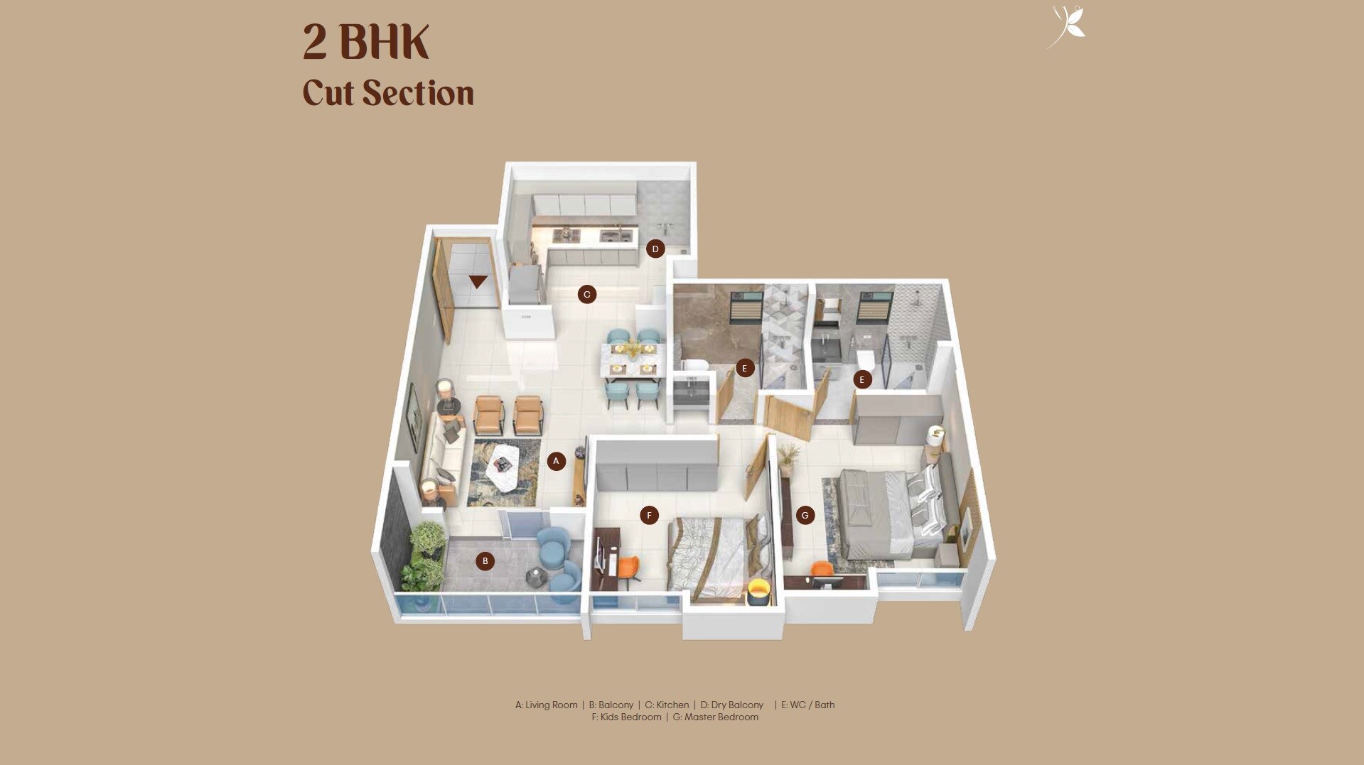 Floor plan of 2 BHK 696 Sq. Ft. Apartment in Balaji Kanchanpuram, Pune