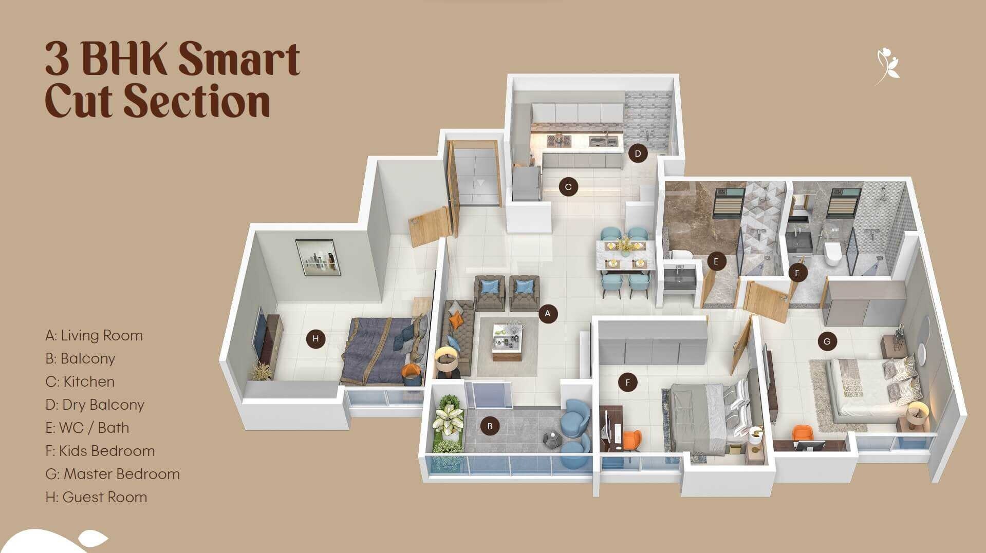 Floor plan of 3 BHK 826 Sq. Ft. Apartment in Balaji Kanchanpuram, Pune