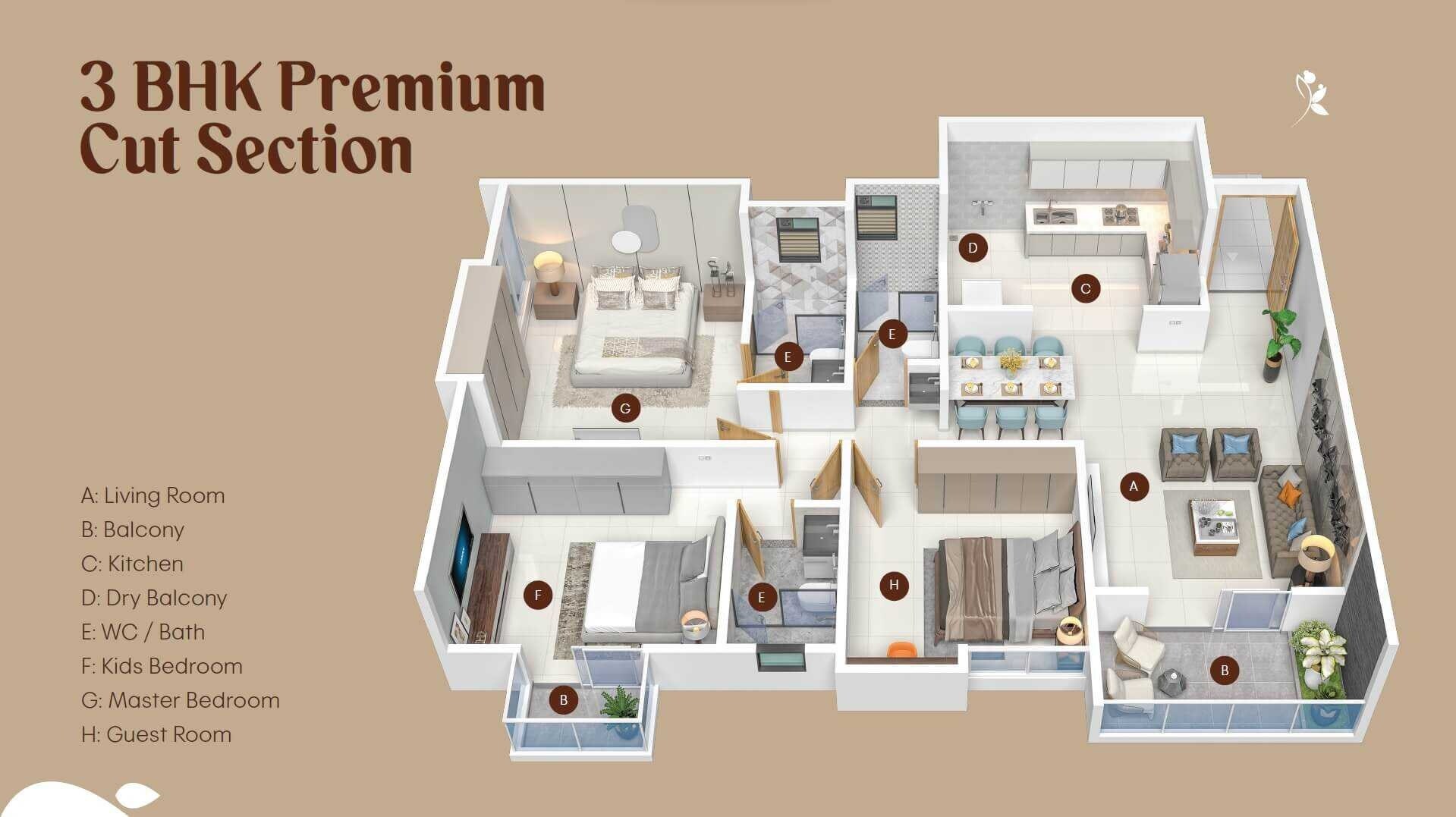 Floor plan of 3 BHK 951 Sq. Ft. Apartment in Balaji Kanchanpuram, Pune