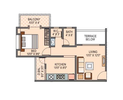 Floor plan of 1 BHK 376 Sq. Ft. Apartment in Balaji Manas Valley, Pune